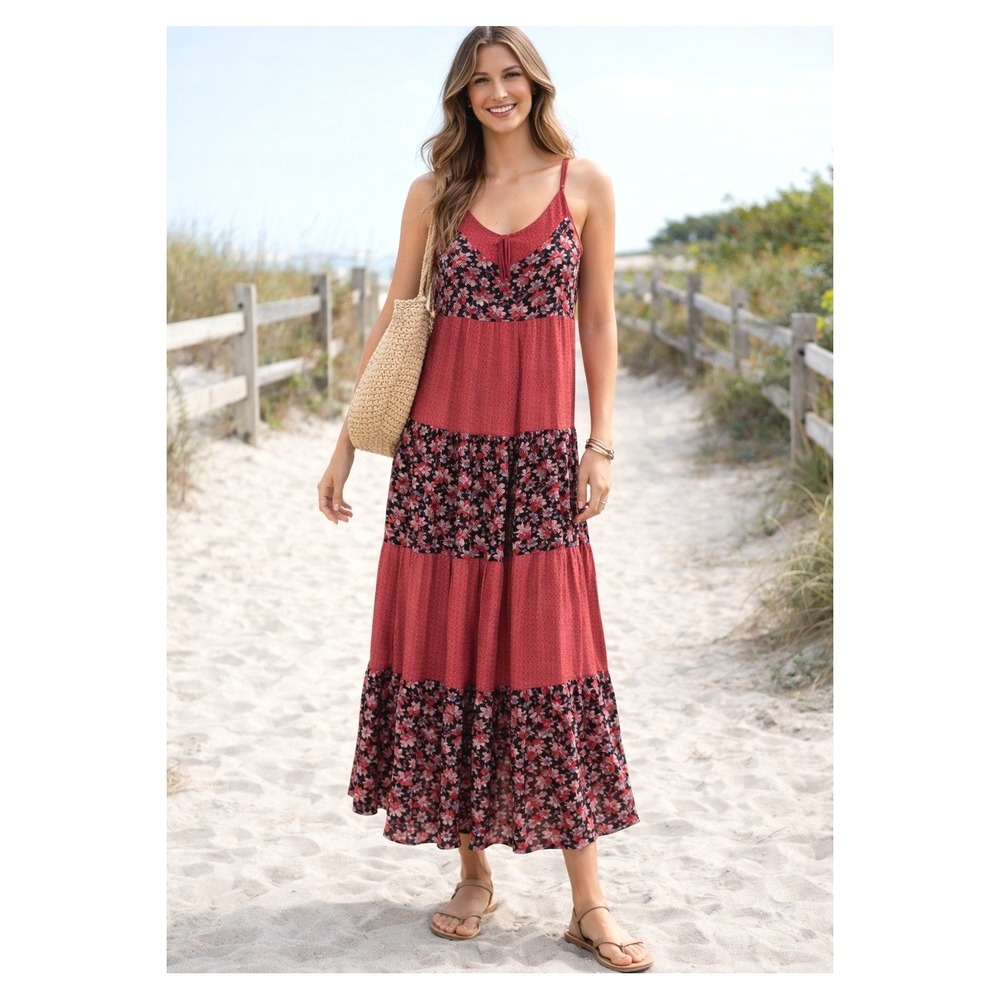 B.O.G Collective Maxi Dress Womens Small Red Black  Floral Tiered Boho EUC